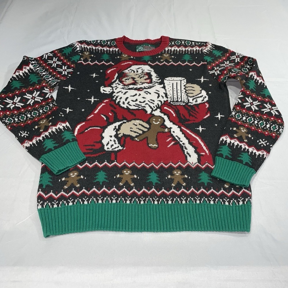 Ugly Christmas Sweater Mens Large Santa Beer Gingerbread Holiday Knit Pullover